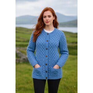 Kilronan Knitwear Aran Irish Knit M Blue 100% Merino Wool Cardigan Sweater EUC